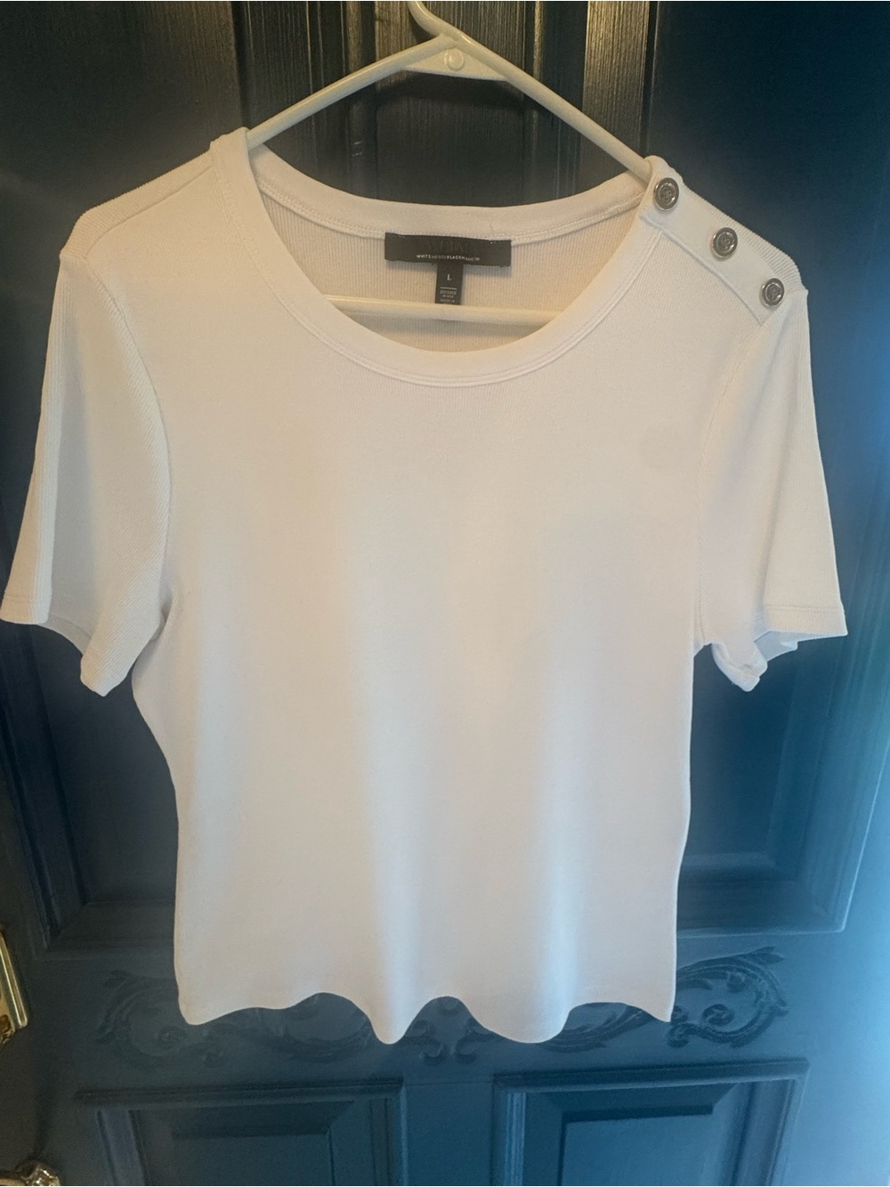 White House Black Market Women's White Ribbed T-Shirt With Button Accents